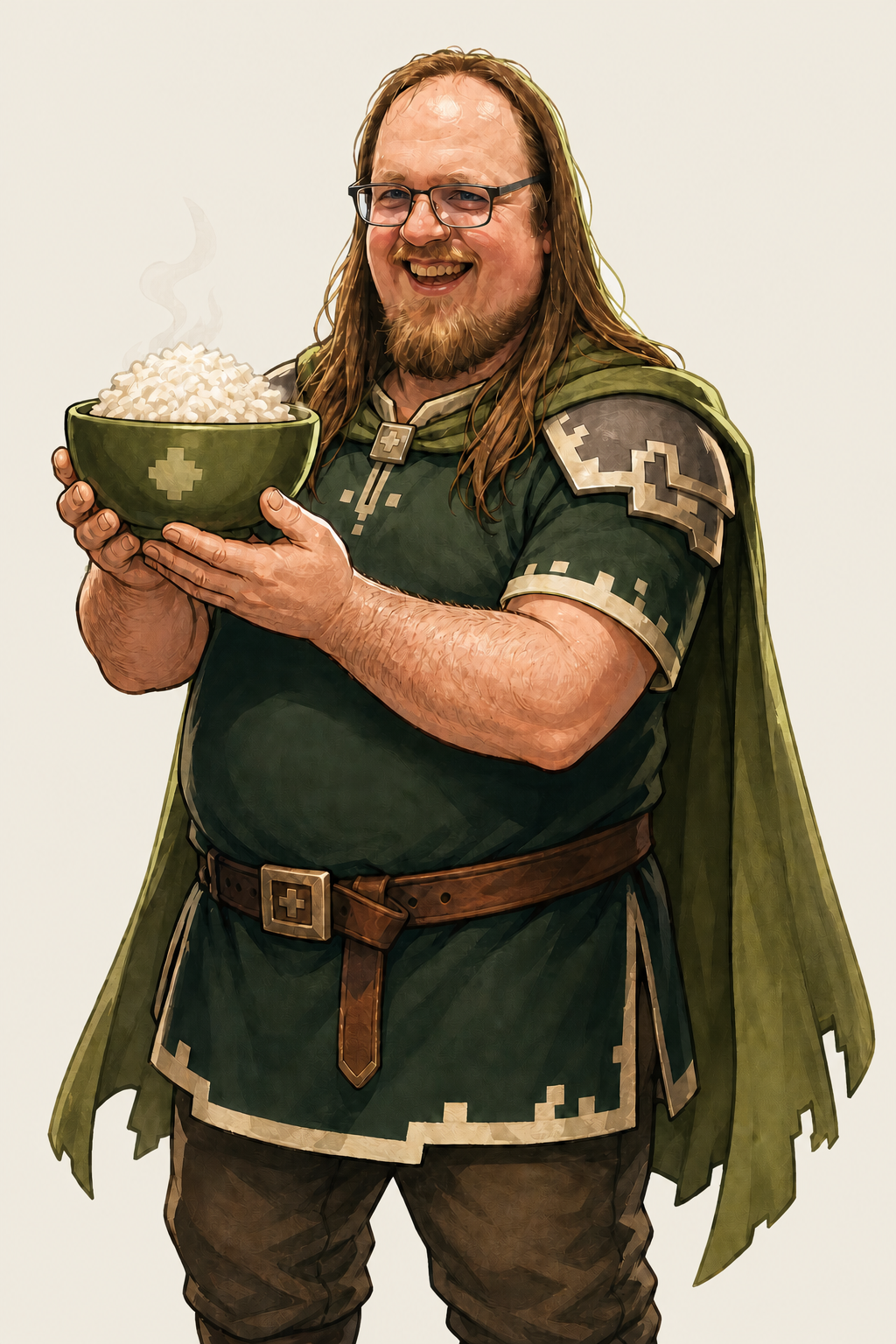 Karikatur von Landor als fröhlicher Gamer-Abenteurer mit einer dampfenden Schüssel Reis
