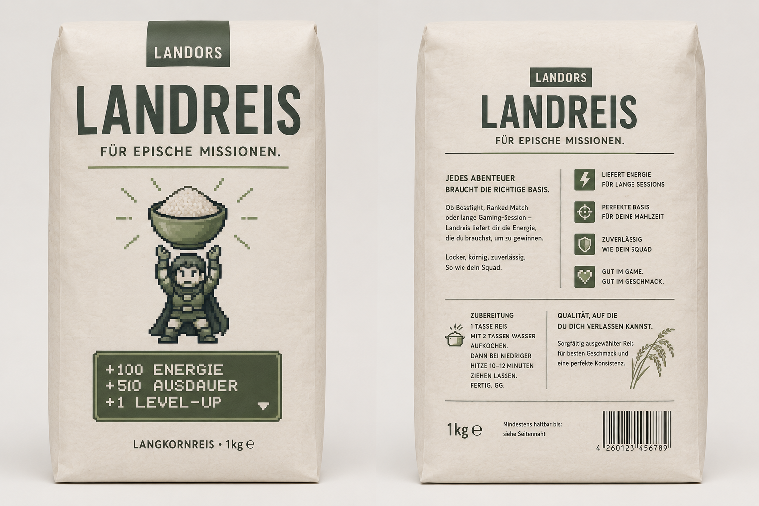 Vorder- und Rückseite der Landors-Landreis-Packung in Creme und Olivgrün