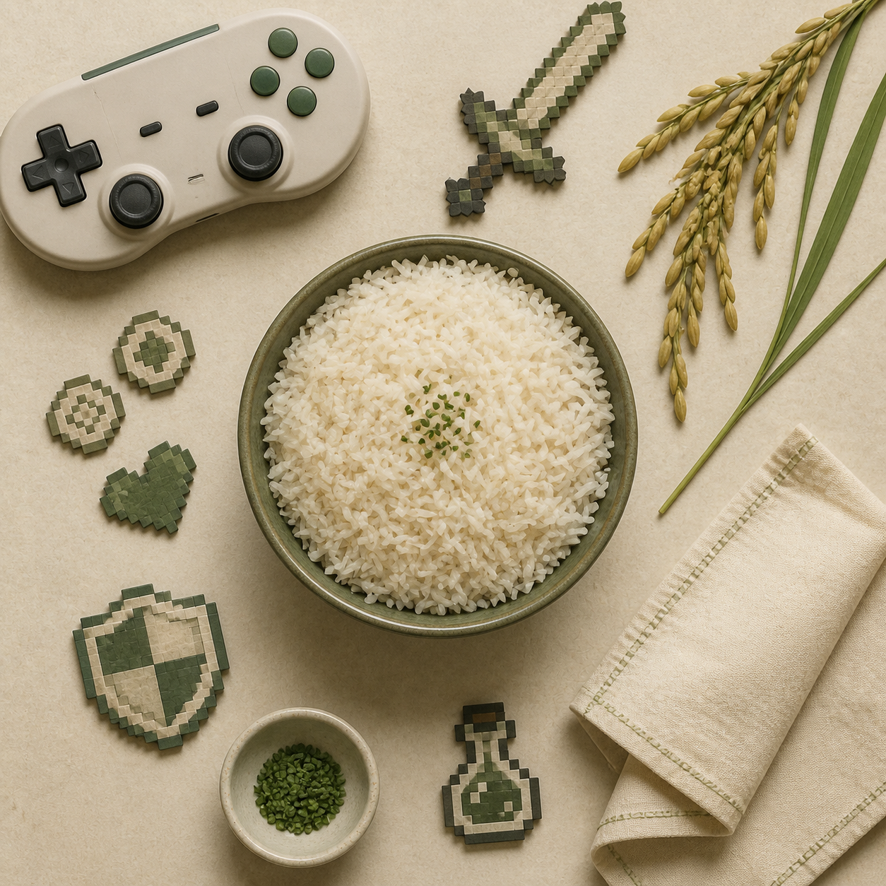 Reisschale mit Controller, Reisähren und Pixel-Items im Landreis-Farbstil